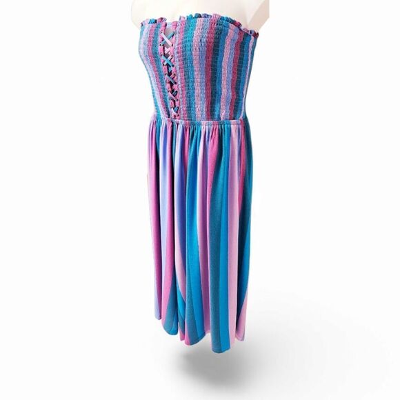 TORRID Plus Size lace-up cool stripe multi-color smocked culotte Jumpsuit - Picture 8 of 16